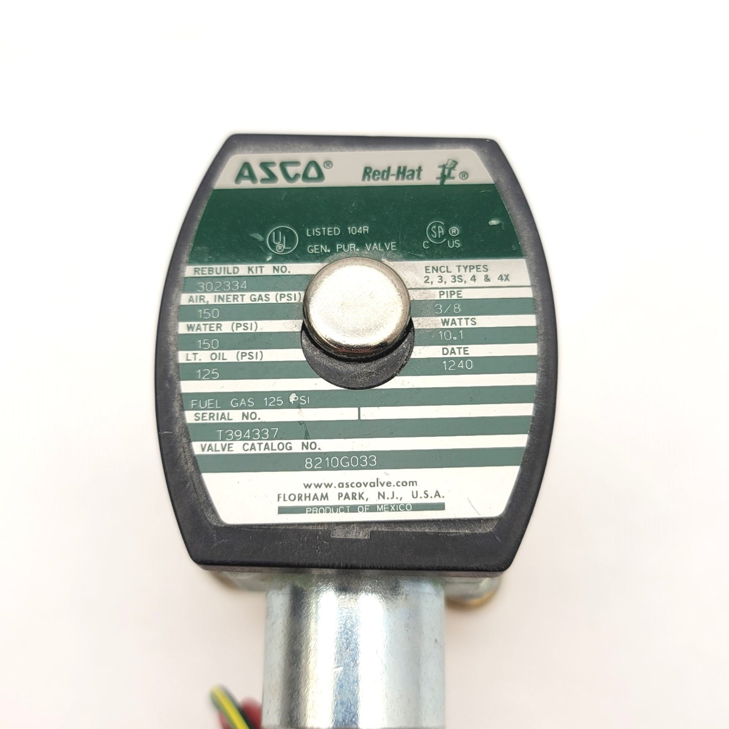 Used Asco 8210G033 RedHat Brass Solenoid Valve, 3/8"NPT, 120VAC Coil, 150psi Max