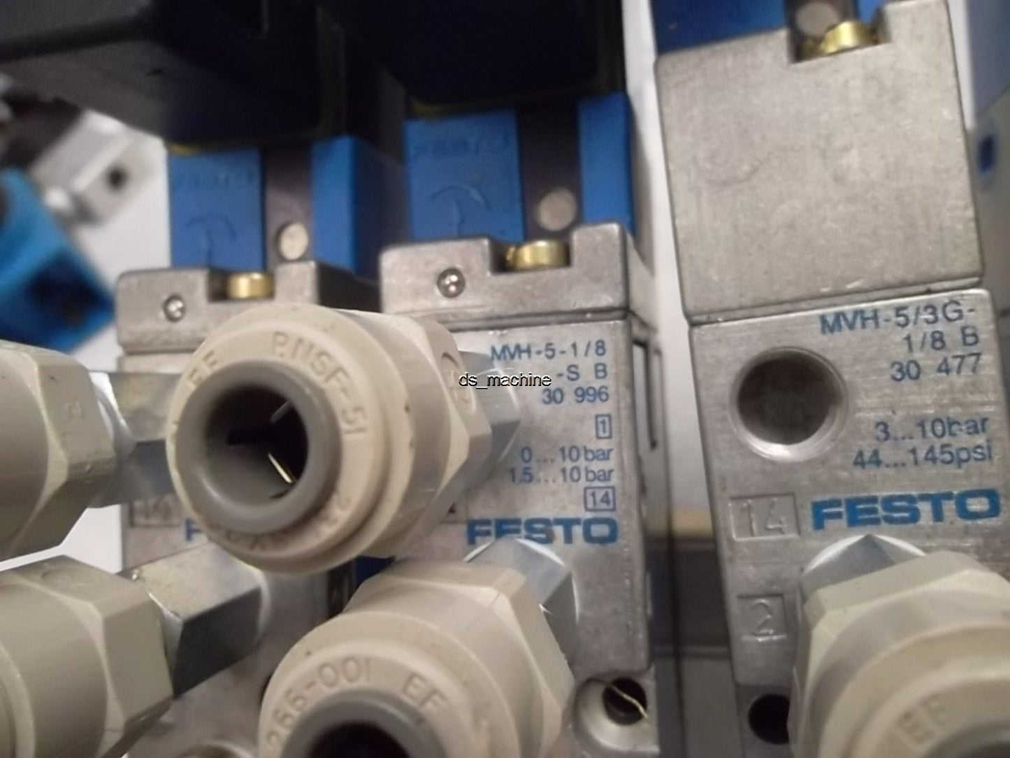 Used Bank of 4 Festo Pneumatic Solenoid Valves 2x MVH-5/3G-1/8B, 2x MVH-5-1/8-S B