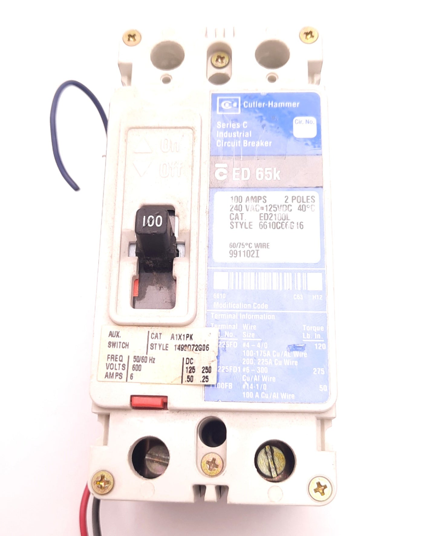 Used Cutler-Hammer ED2100L Circuit Breaker 2 Pole, 100 A, 240v AC, 125v DC, Series C