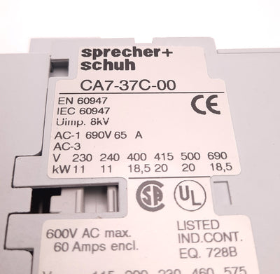Used Sprecher+Schuh CA7-37C-00 Contactor With CA7-PA Auxiliary Contact Block