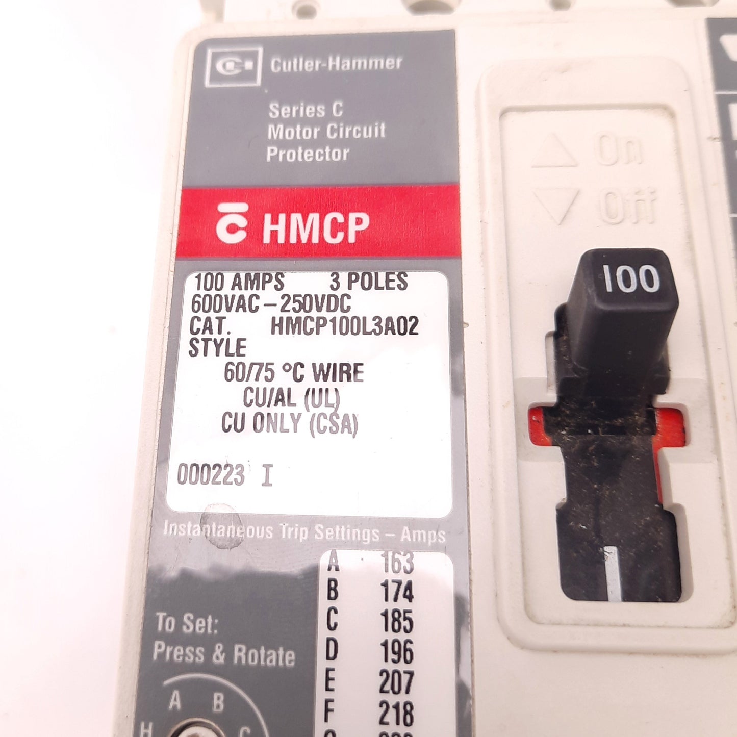 Used Cutler-Hammer HMCP100L3A02 Motor Circuit Breaker 3 Pole, 100 Amps, 600vAC/250vDC