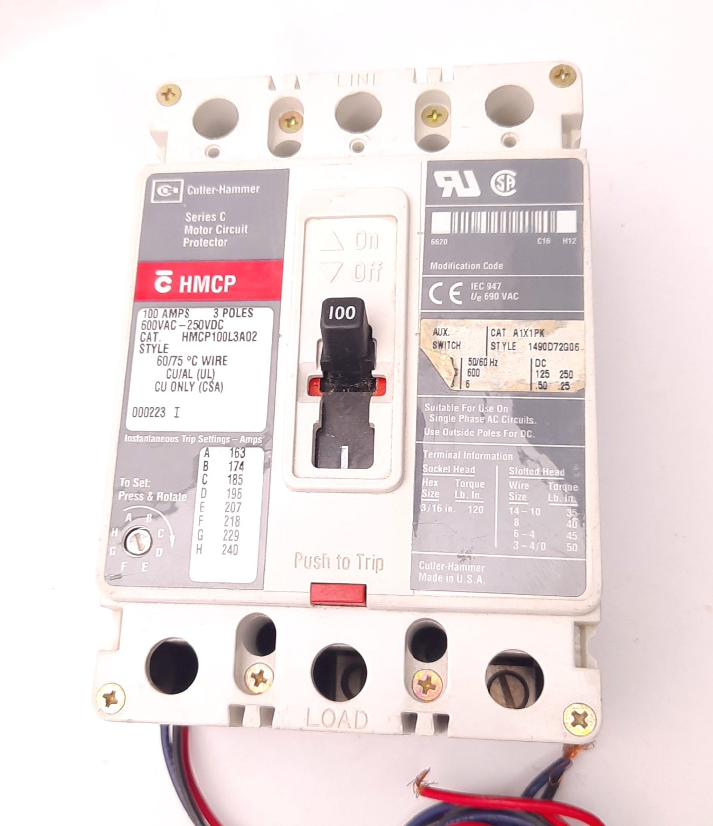 Used Cutler-Hammer HMCP100L3A02 Motor Circuit Breaker 3 Pole, 100 Amps, 600vAC/250vDC