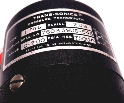 New Trans Sonics Type 1746 Pressure Transducer, Range 0-200PSI Resistance 7500 OHMS