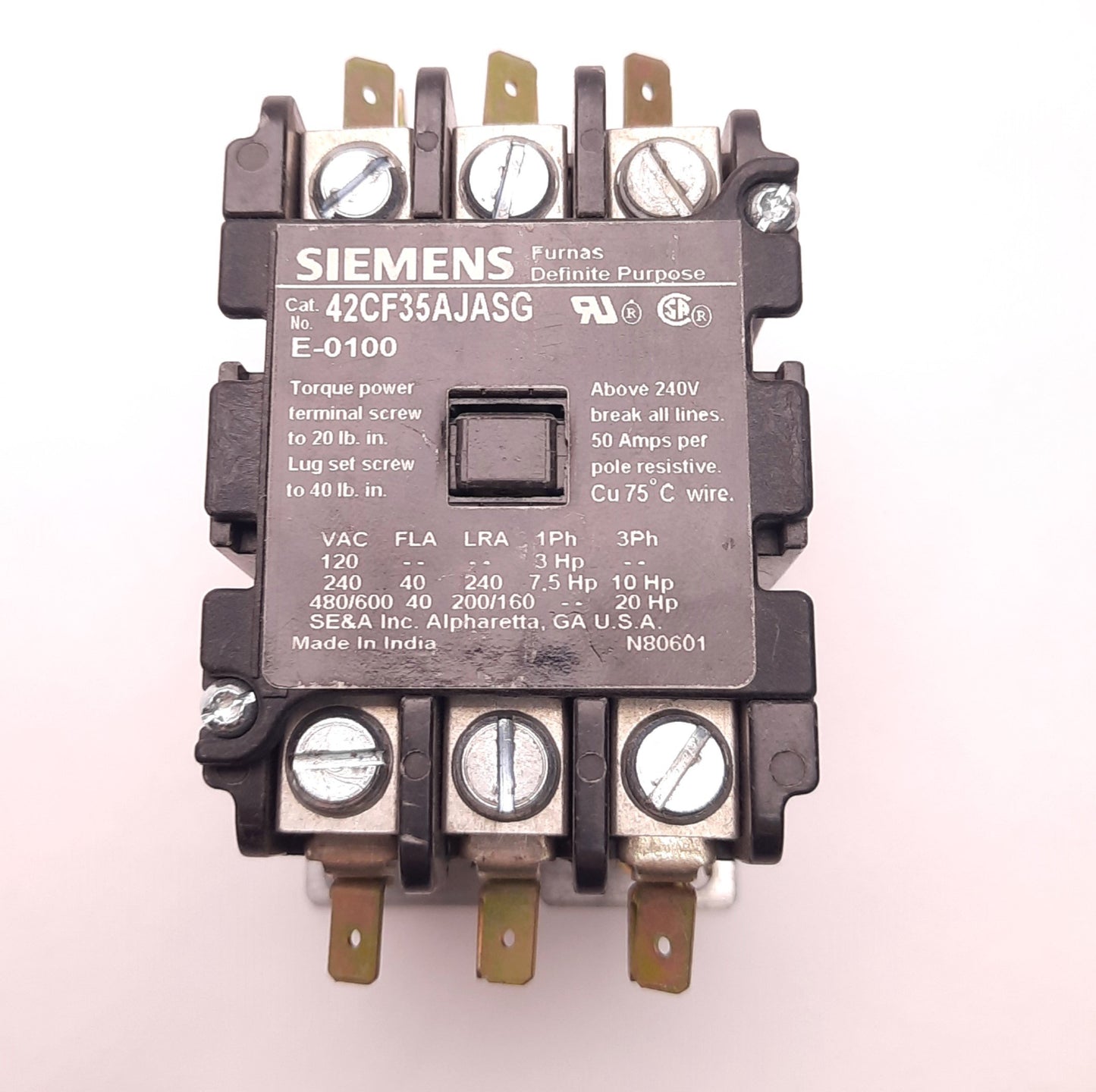 Used Siemens 42CF35AJASG Definite Purpose Contactor 40/50A, 24v Coil, 3 Pole/ E-0100