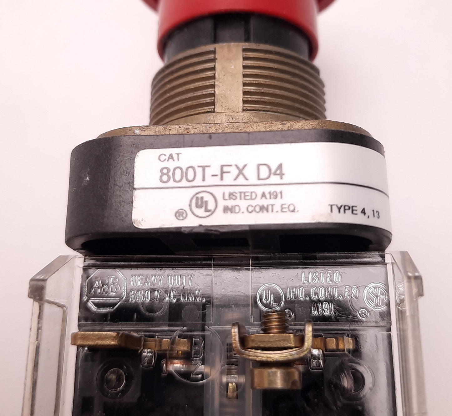 Used Allen-Bradley 800T-FXD4 E-Stop Push Button W/ Two 800T-XD4 Contact 600V AC, NCLB