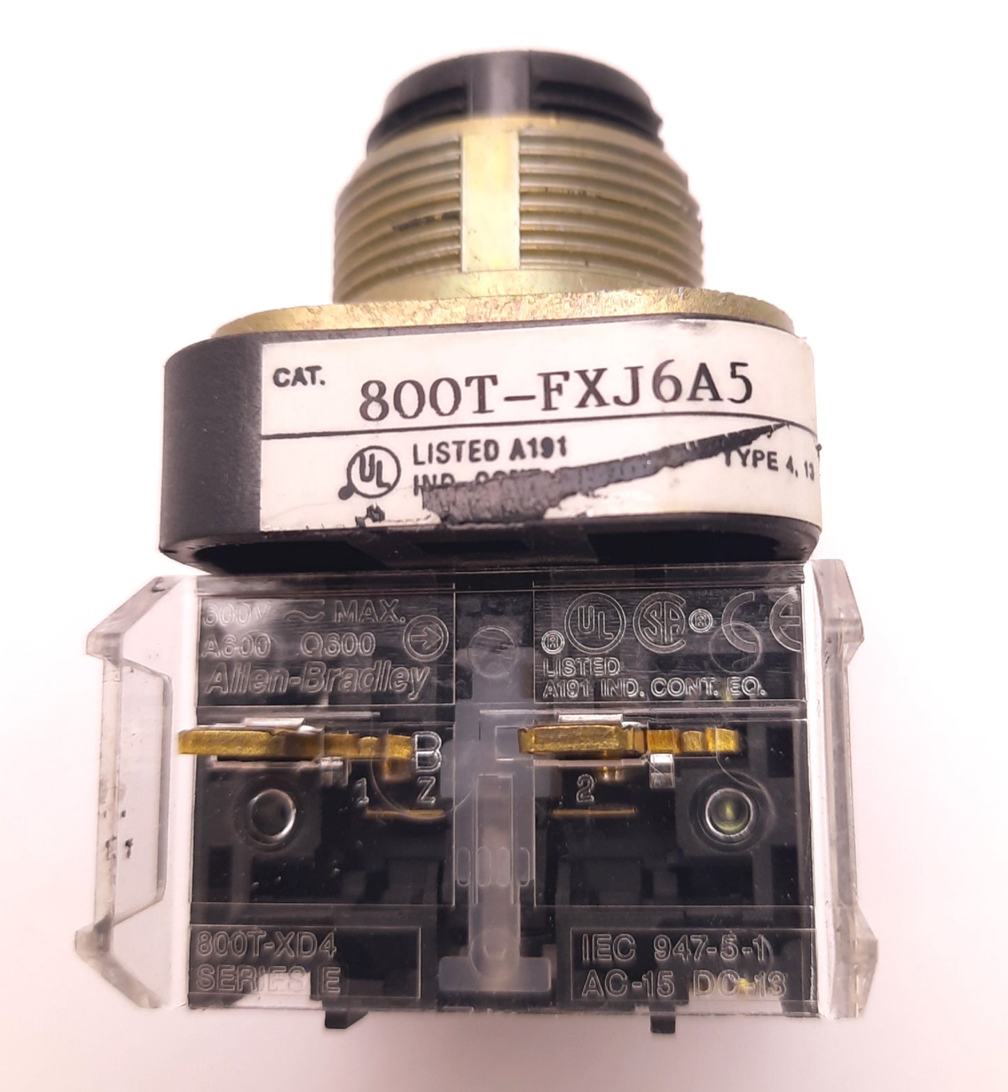 Used Allen-Bradley 800T-FXJ6A5 Push-Button w/ No Cap And Two 800T-XD4 Contacts 600vAC