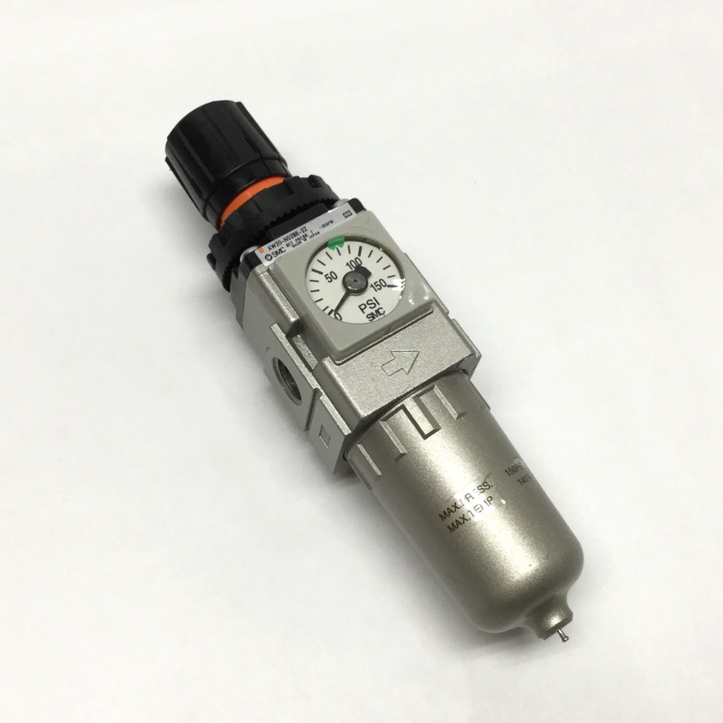 Used SMC AW20-N02BE-2Z Pressure Regulator/Filter, 1/4" NPT, 7-125psi, Built-In Gauge
