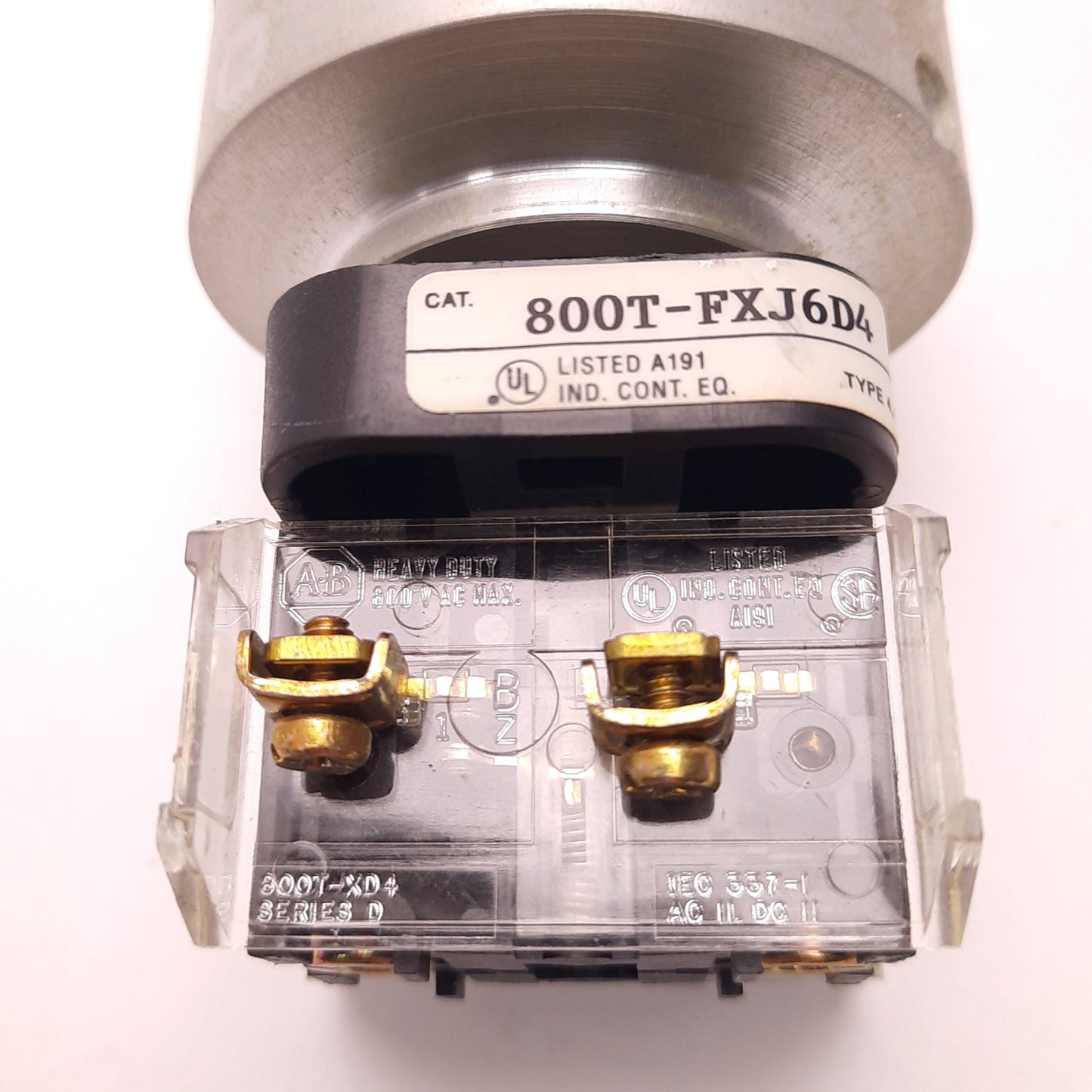 Used Allen-Bradley 800T-FXJ6D4 E-Stop Button w/ Guard, No Cap, 2x 800T-XD4 Contacts