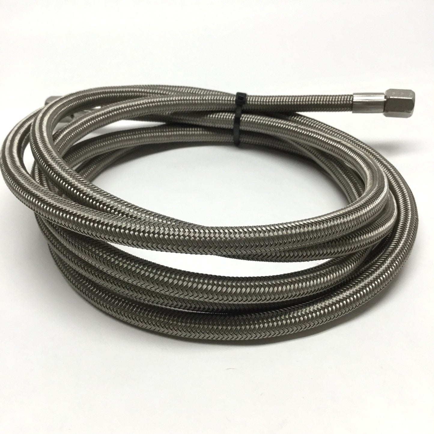 Used Stainless Steel Braided Hose Ø10mm w/JIC-4 Flare Fittings 7/16" Thread, 9ft Long