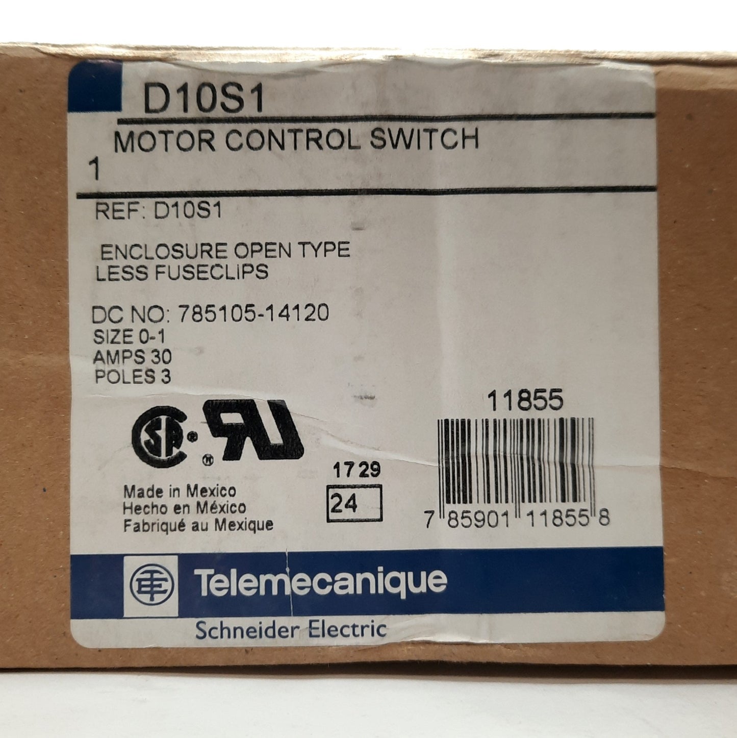 New – Open box Telemecanique D10S1 Motor Control/Disconnect Switch, 3-Pole, 600VAC 30A