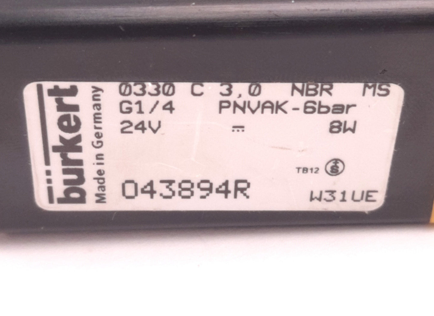 Used Burkert 0330 C 3.0 NBR MS Solenoid Valve G1/4" Port 24v DC Coil, Vacuum to 6 Bar