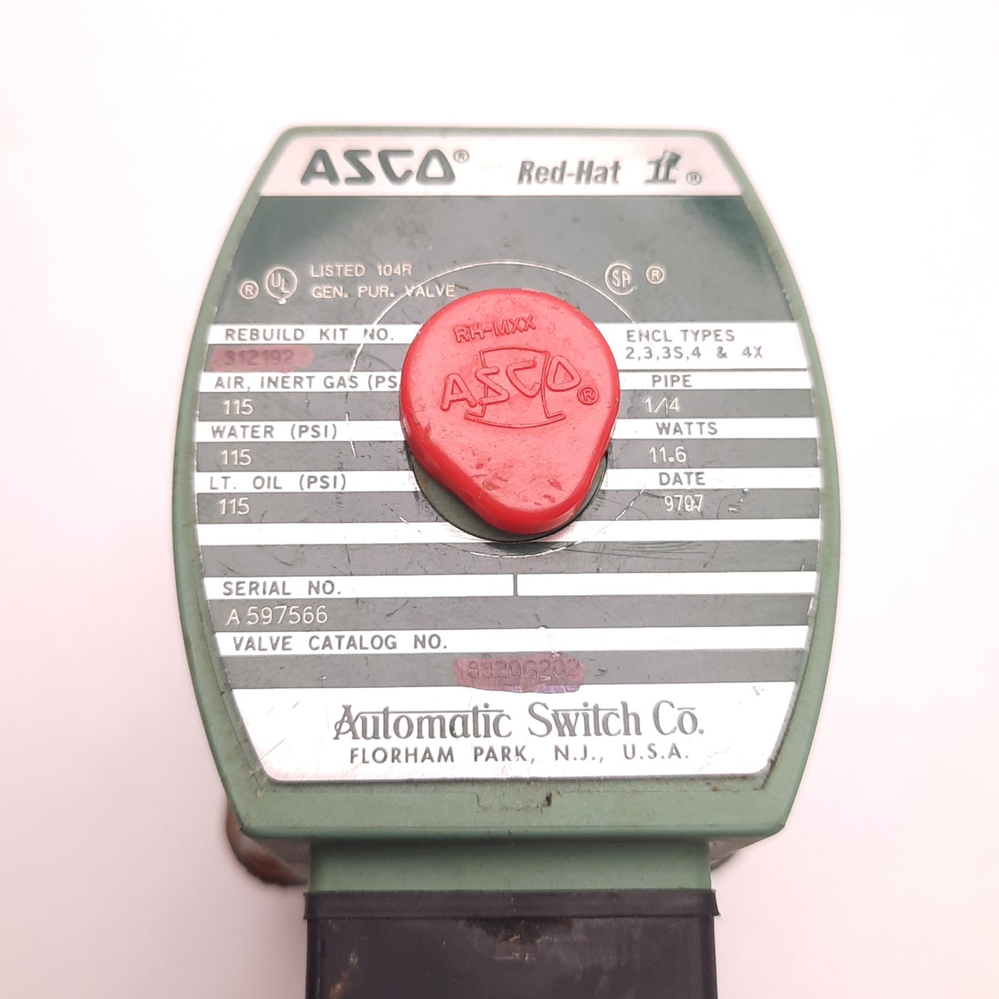 Used ASCO 8320G202 Solenoid Valve Normally Closed 11.6 Watt Coil, 115 Psi Max