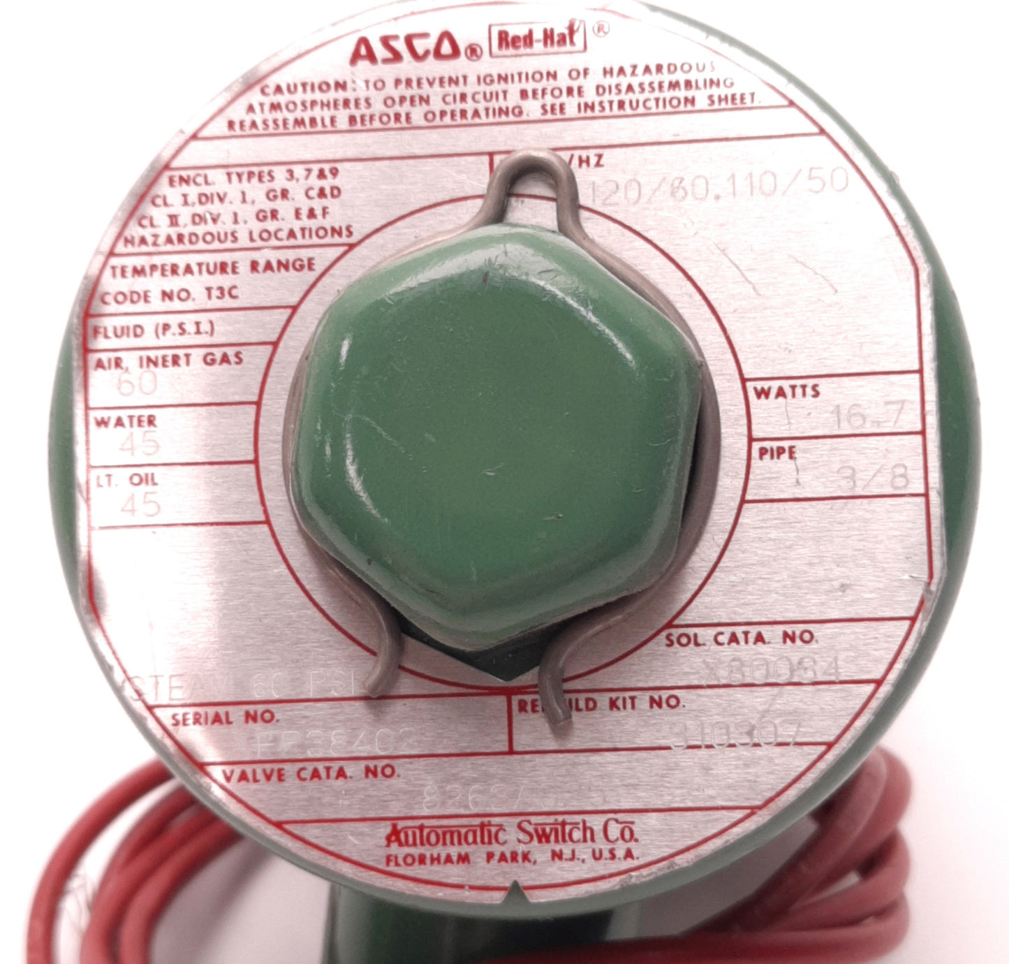 Used ASCO 8263A325 Solenoid Valve 120v AC, 1/8" NPT,60Psi Air/Steam, 45 Psi Water/Oil