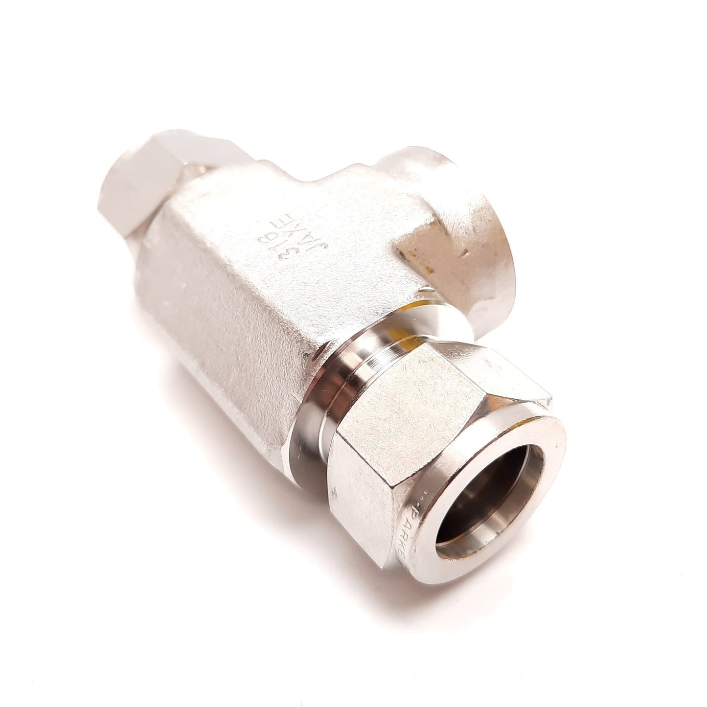 New – Open box Parker Yor-Lok Inline Tee Fitting, 316 Stainless Steel, 3/4" NPT to 3/4" Tube OD