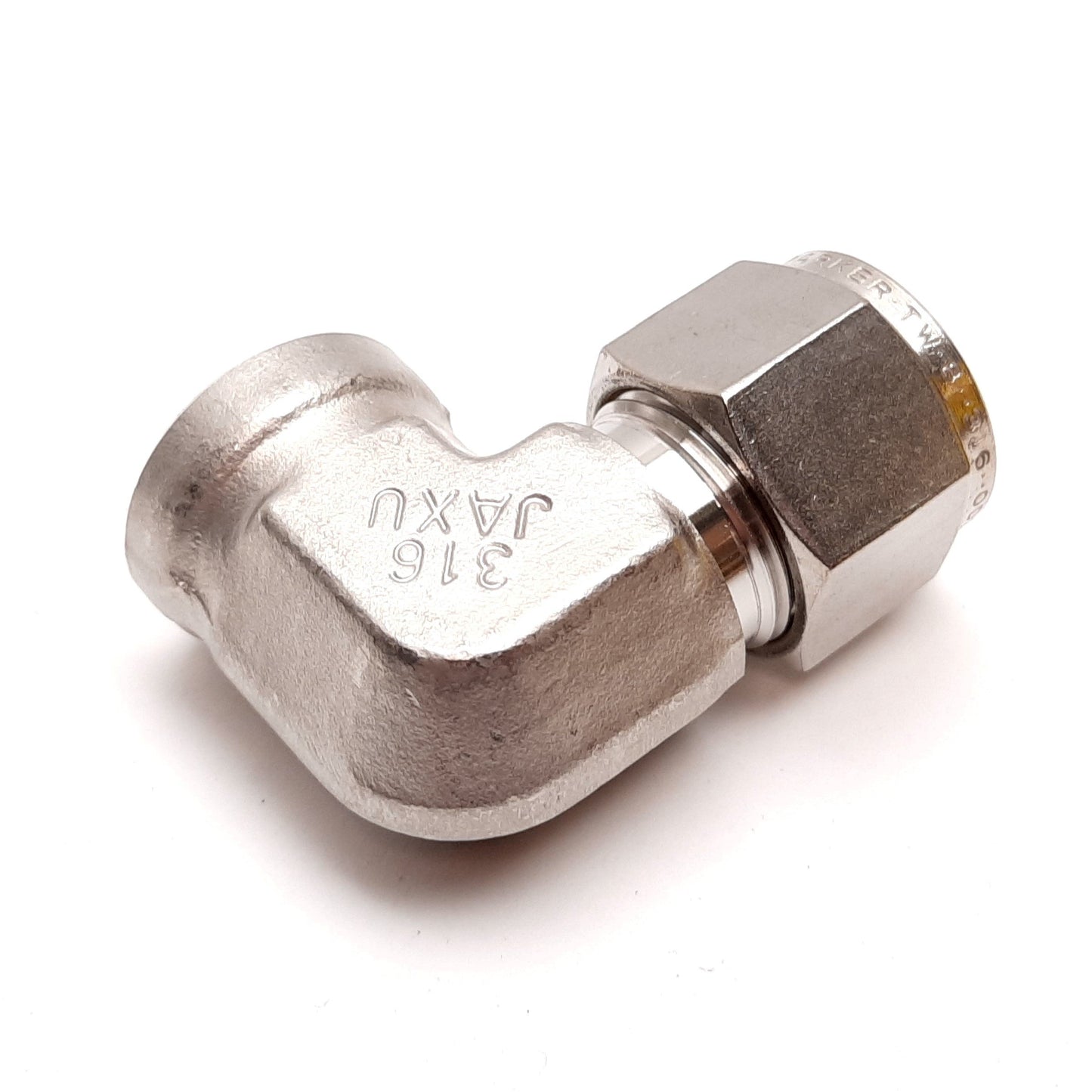 New – Open box Parker Yor-Lok Elbow Fitting, 90°, 316 Stainless Steel, 3/8" NPT to 1/2" Tube OD