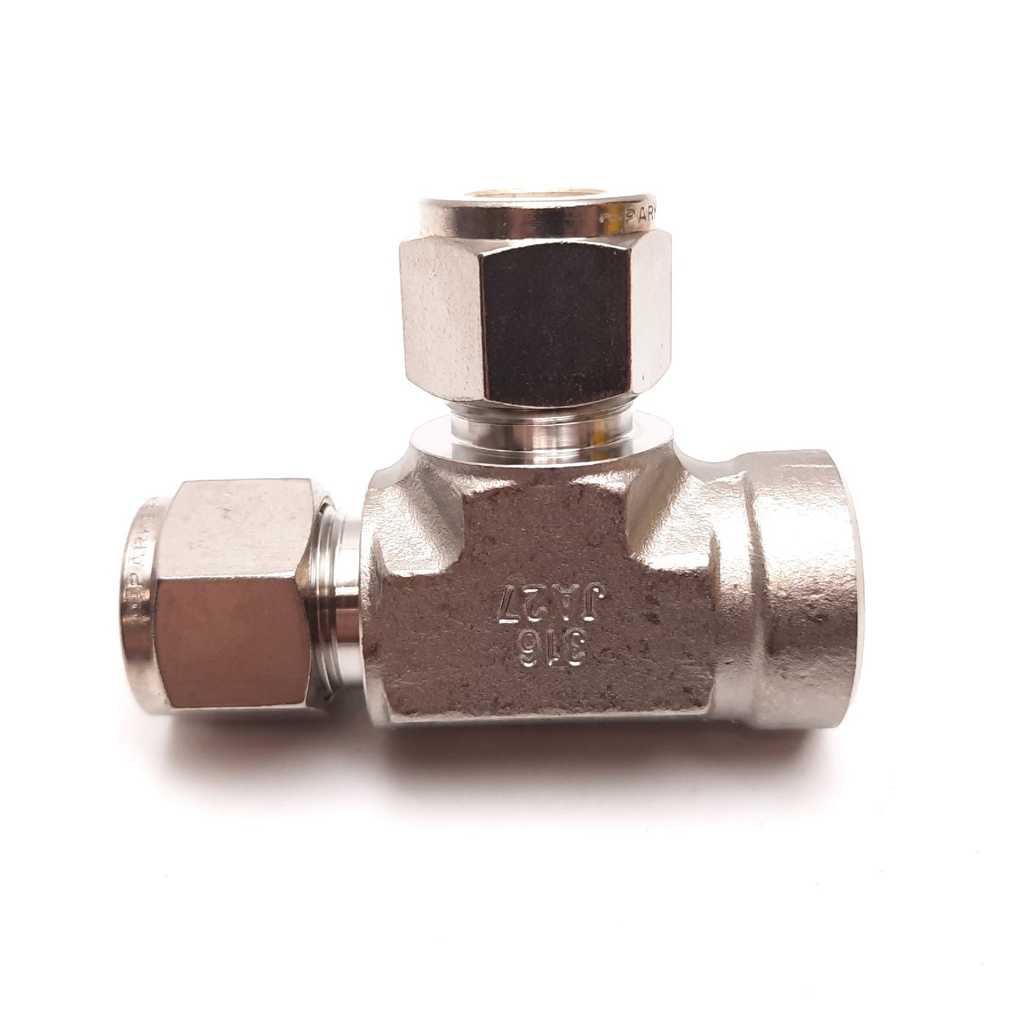 New – Open box Parker Yor-Lok Right Angle Tee Fitting, 316 SS, 1/2" NPT to 1/2" Tube OD