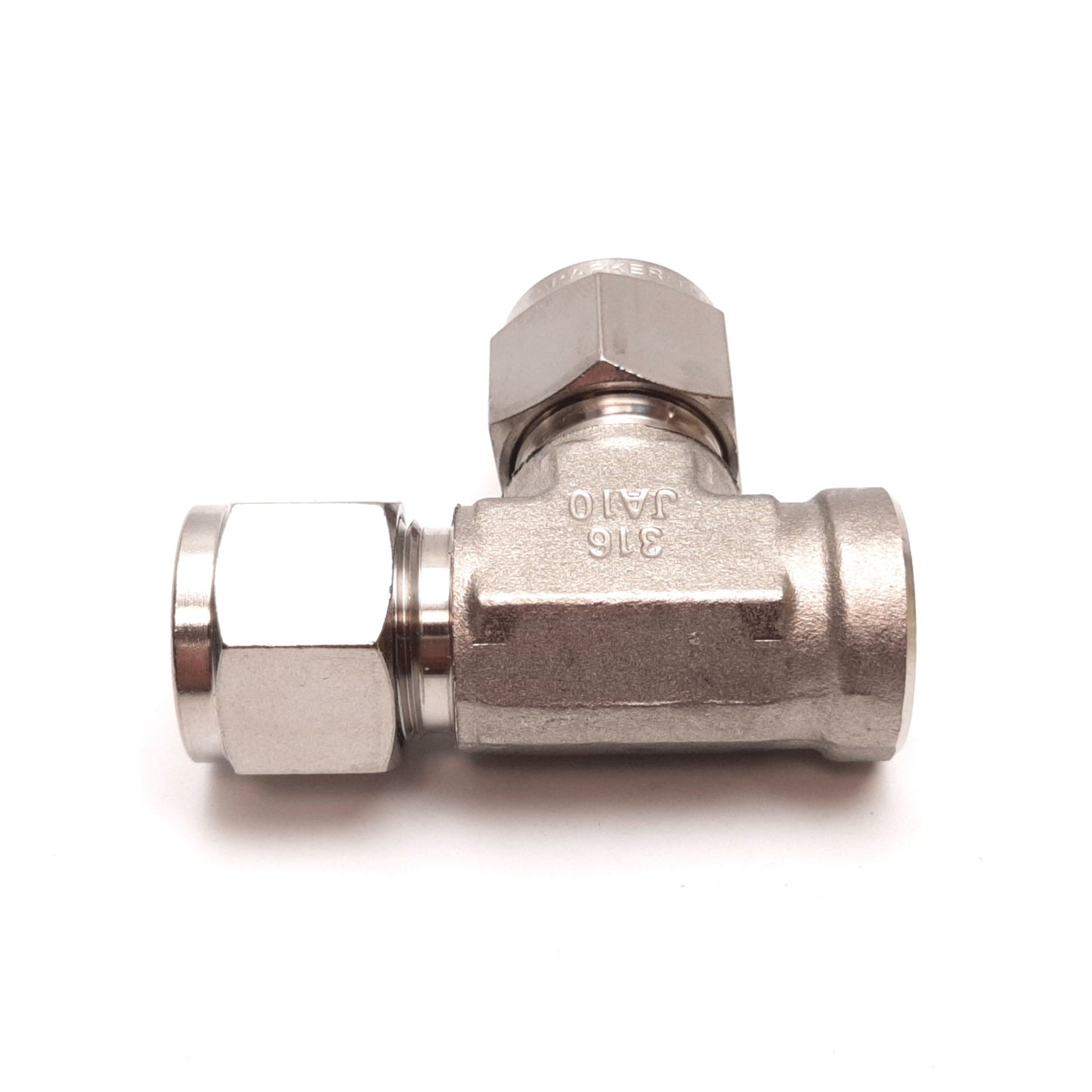 New – Open box Parker Yor-Lok Right Angle Tee Fitting, 316 SS, 3/8" NPT to 1/2" Tube OD