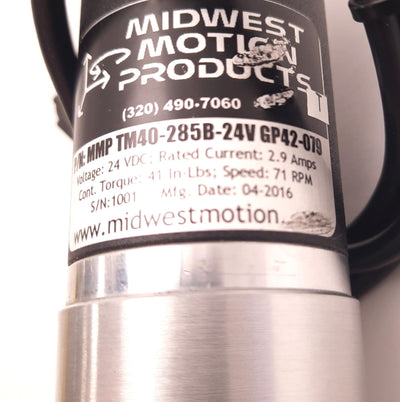 Used Midwest Motion Products MMP TM40-285V-24V GP42-079 Gear Motor 24v DC 2.9 Amps