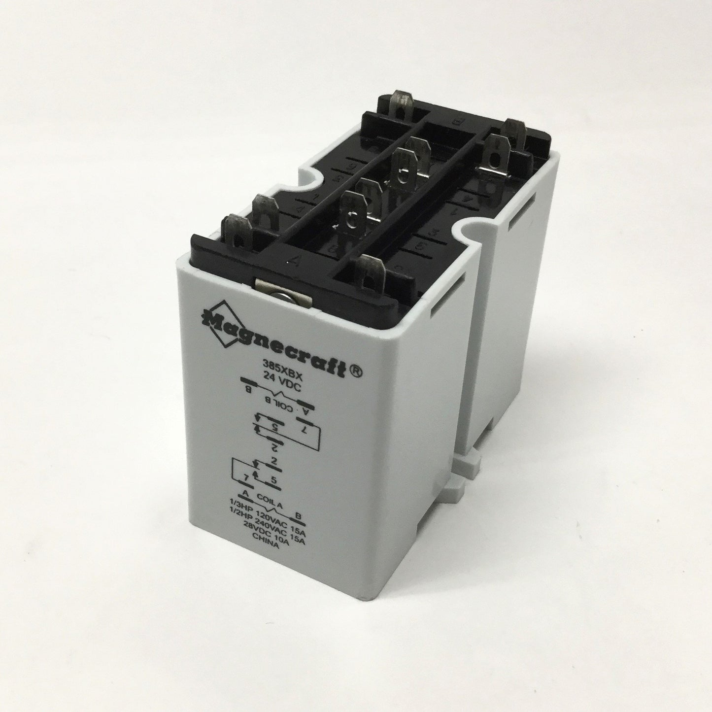 Used Magnecraft 385XBX-24D Latching Relay, DPDT, 24VDC Coil, 240VAC 15A Rating
