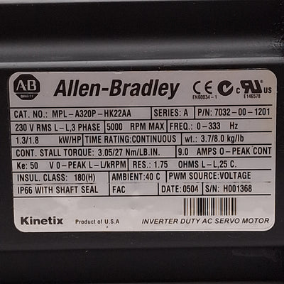 Used Allen Bradley MPL-A320P-HK22AA Kinetix Servo Motor 1.3kW 5000RPM 3PH 230VAC 9A