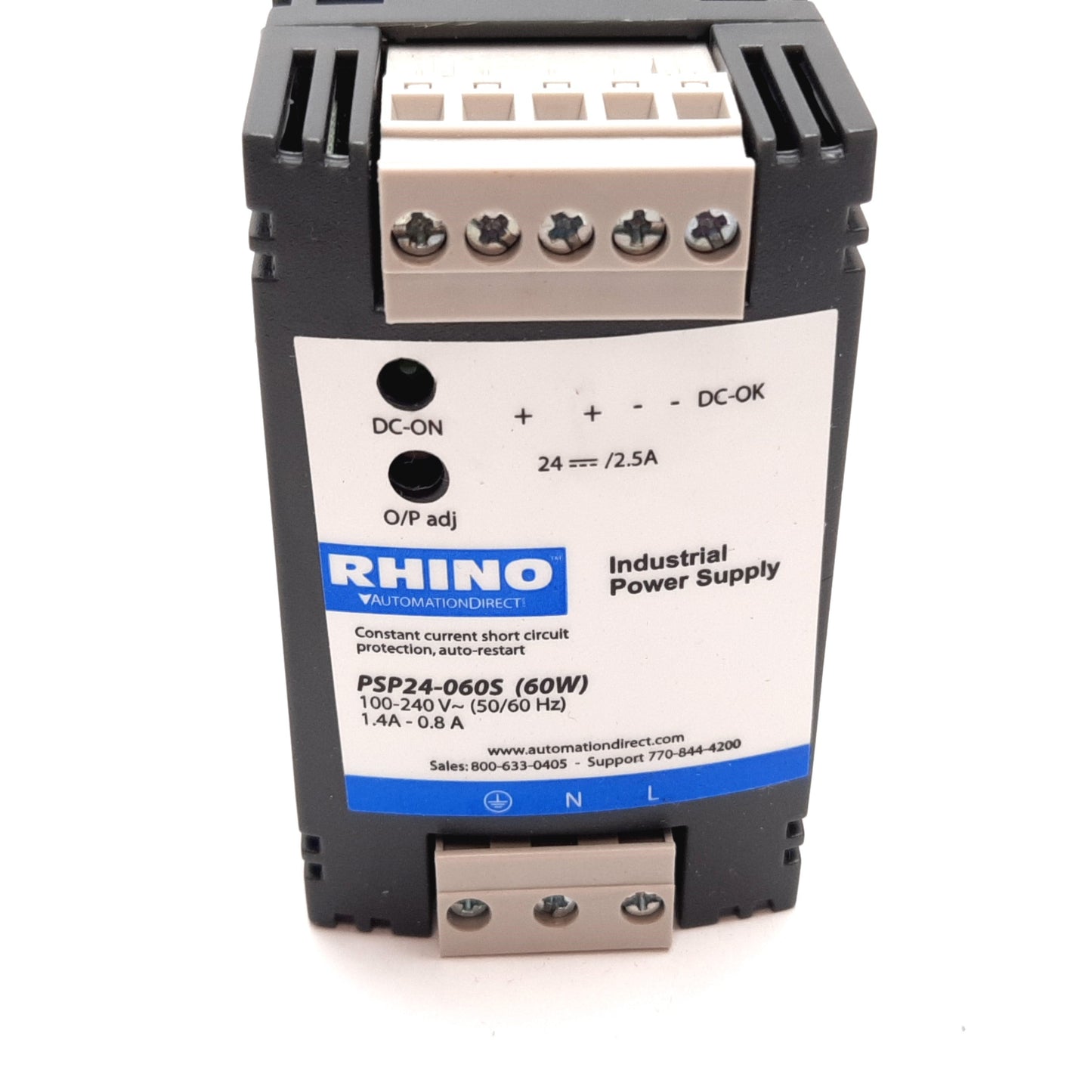 Used AutomationDirect Rhino PSP24-060S Power Supply 100-240VAC In, 24VDC 2.5A 60W Out