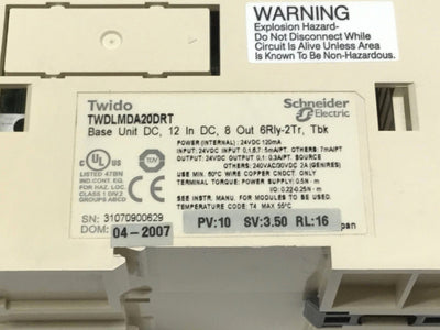 Used Schneider TWDLMDA20DRT Twido Processor Controller Base Unit 12 In/8 Out, 24VDC