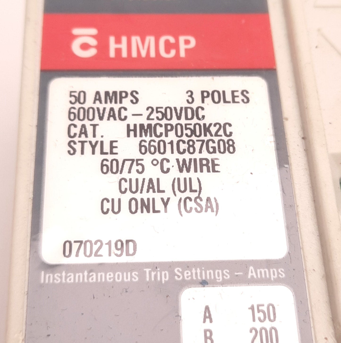 Used Cutler Hammer HMCP050K2C Motor Circuit Breaker 50A, 3-Pole, 250VDC/600VAC