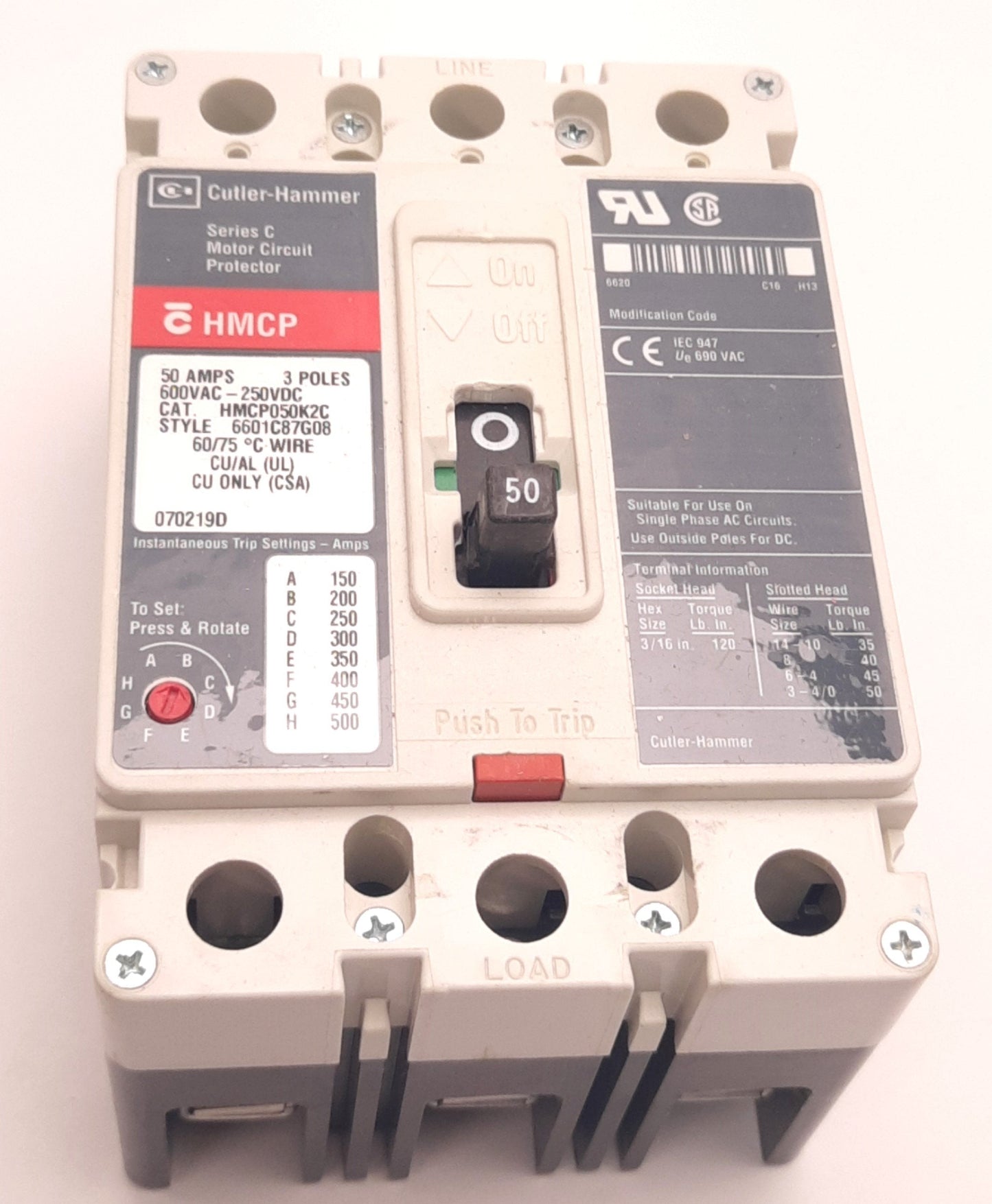 Used Cutler Hammer HMCP050K2C Motor Circuit Breaker 50A, 3-Pole, 250VDC/600VAC