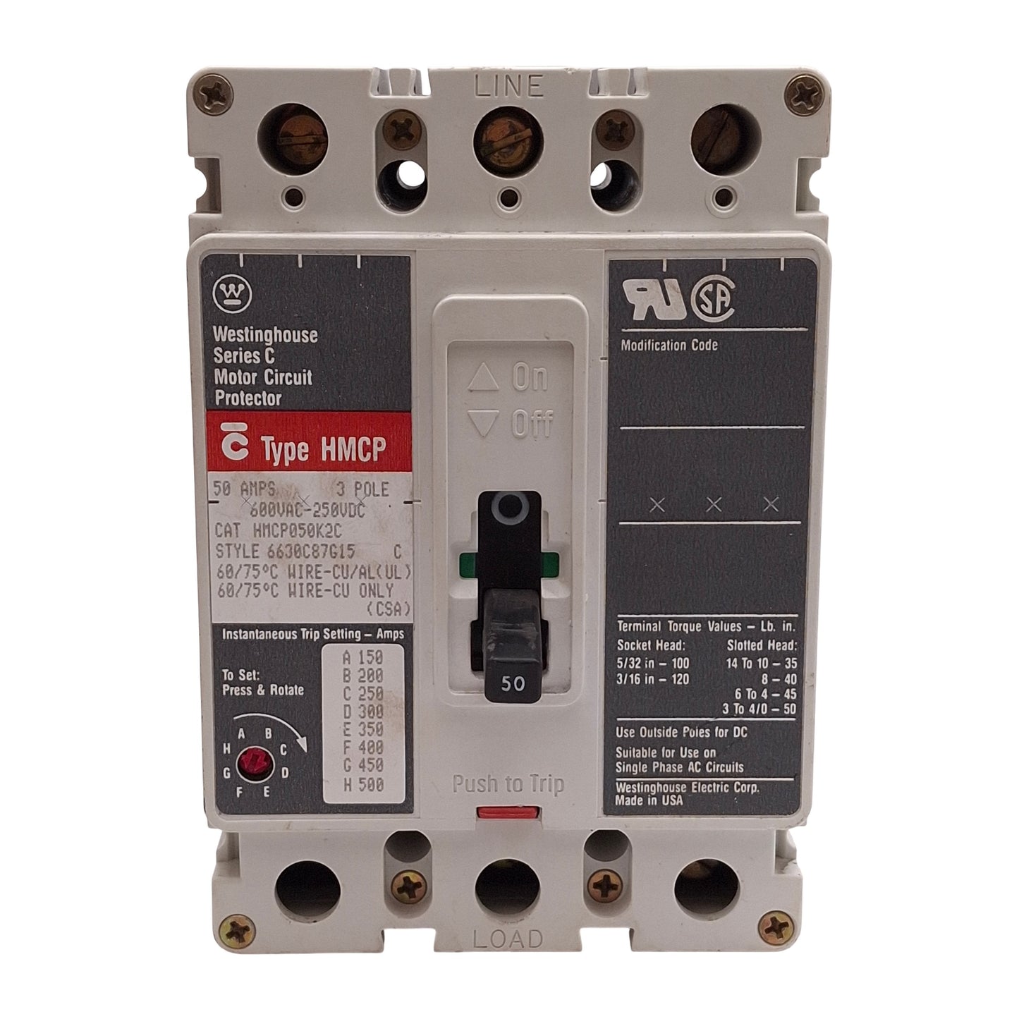 Used Cutler Hammer HMCP050K2C Motor Circuit Breaker 50A, 3-Pole, 250VDC/600VAC