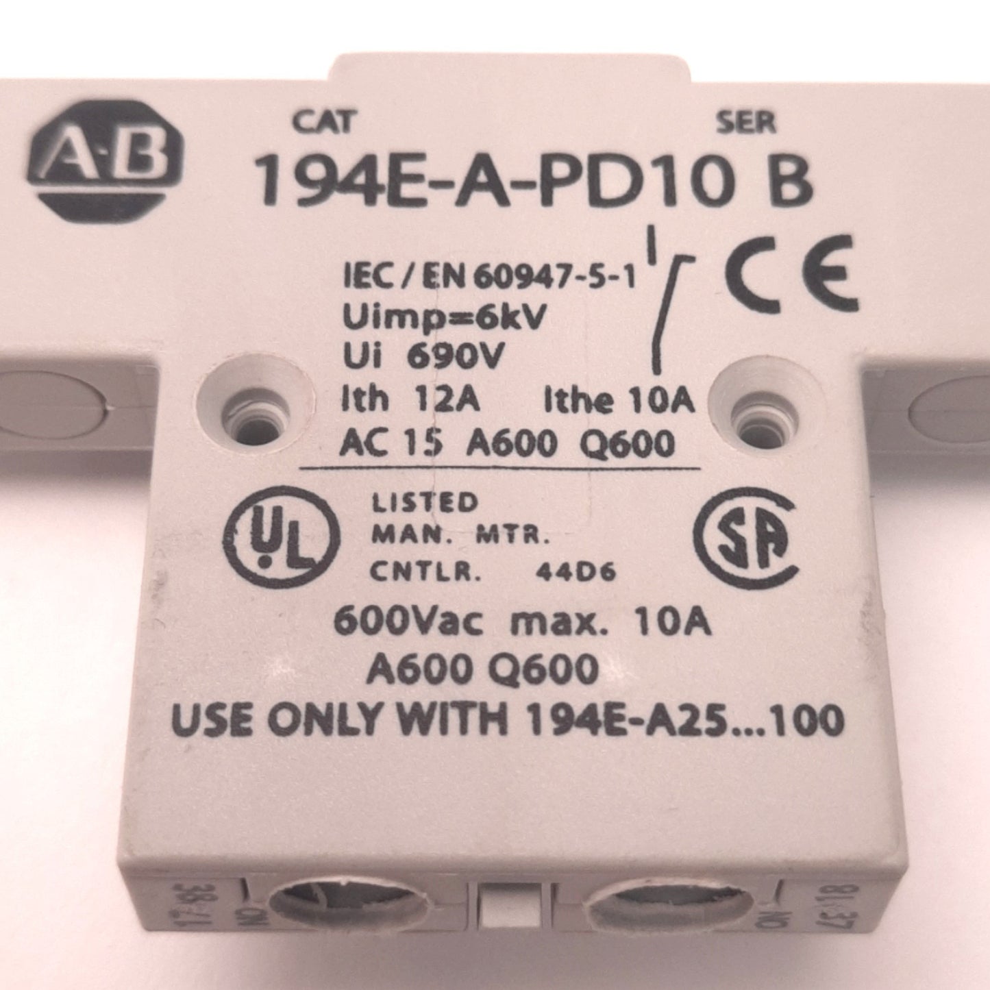 Used Allen-Bradley 194E-A-PD10 Ser B Auxiliary Contact 2 Poles 600v AC 10 Amps NO-EB