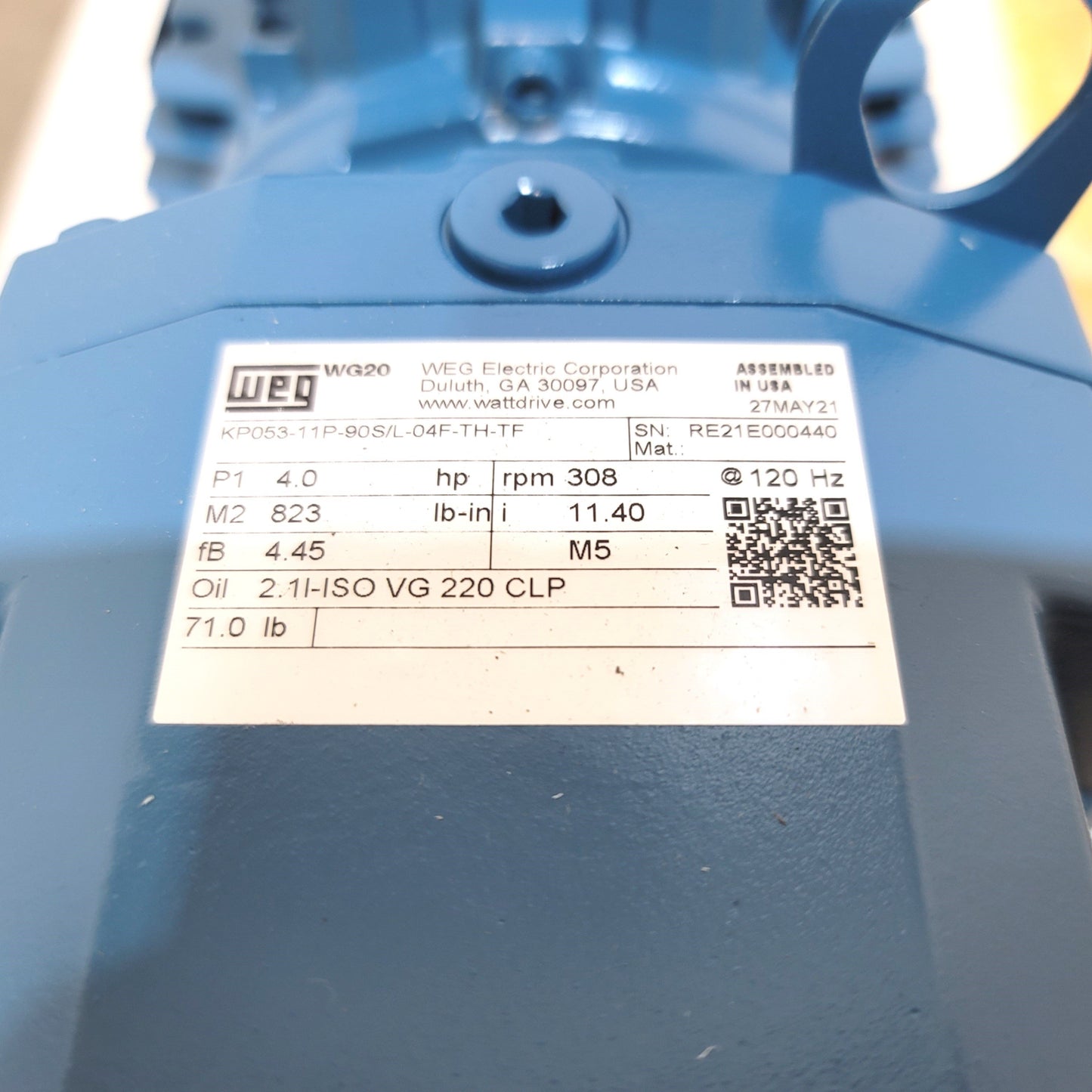 New WEG KP053-11P-90S/L-04F-TH-TF WG20 Gearmotor 4HP 308RPM 823lb-in 115-460VAC 3-PH