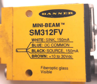 Used Banner SM312FV Photoelectric Sensor 1-30VDC 150mA NPN/PNP, 20" Cable