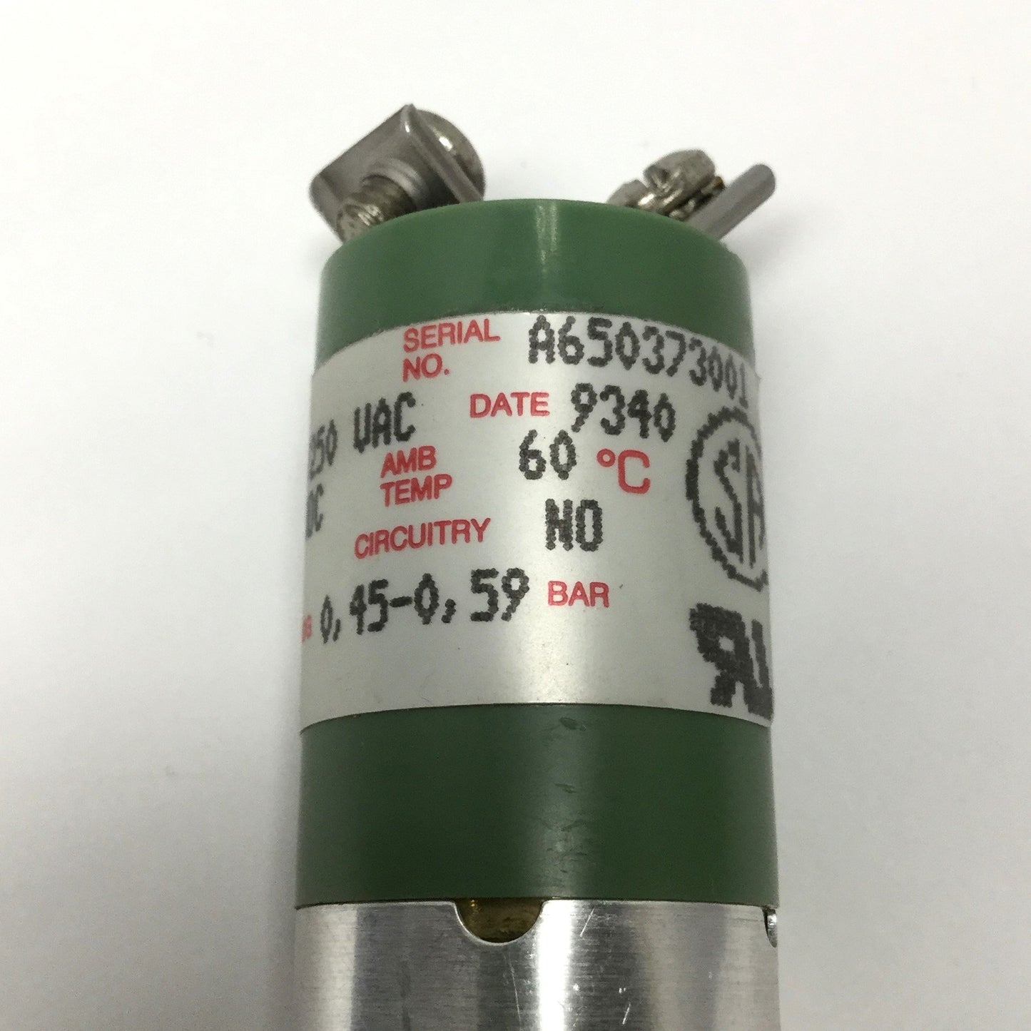 Used Asco JB67A218A Miniature Pressure Switch 6.5-8.5psi, 1/8" NPT, NO, 5A 250VAC