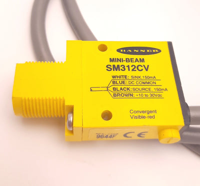 Used Banner SM312CV Convergent Photoelectric Sensor, 16mm, 10-30VDC, 26" Cable