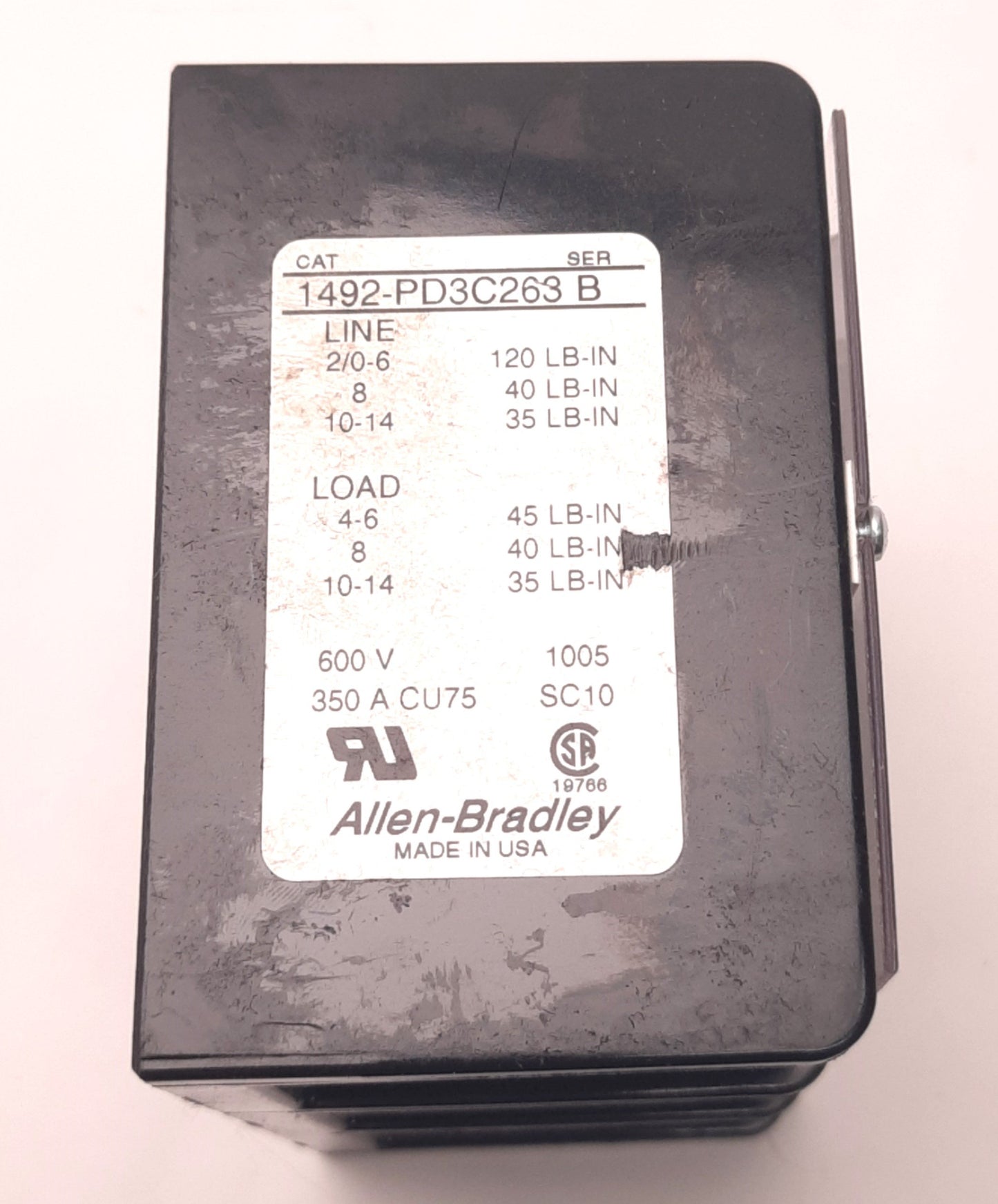 Used Allen-Bradley 1492-PD3C263 B Distribution Block 600V AC/DC 350A, 3-Pole 14-4 AWG
