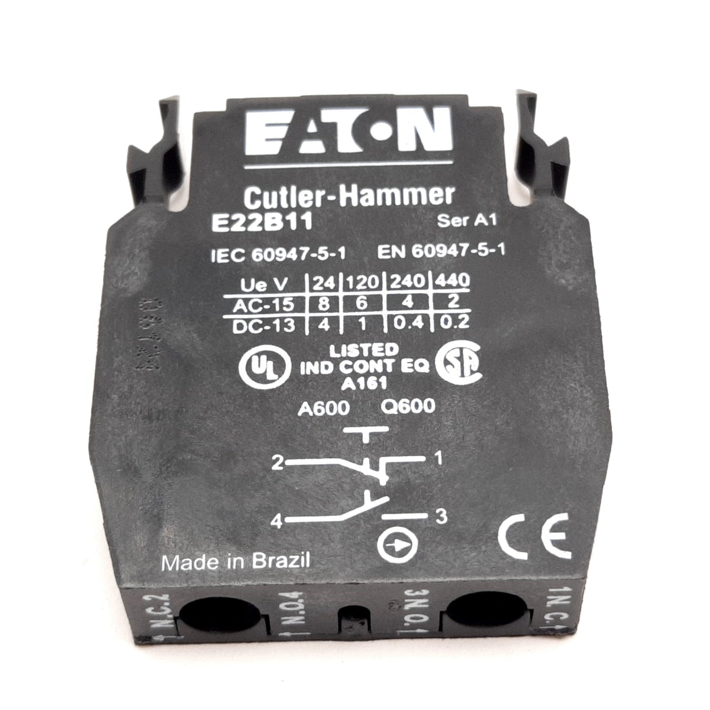 Used Eaton Cutler-Hammer E22B11 Contact Block, 1x N/O 1x N/C, 10A 600V