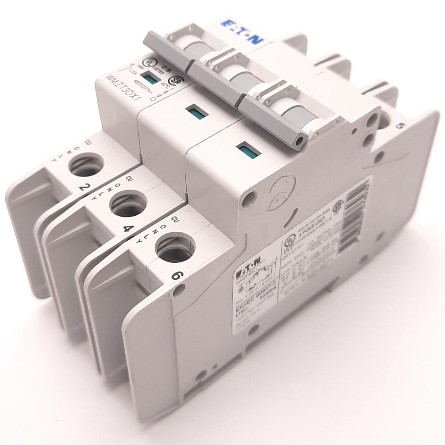 Used Eaton WMZT3DX1 Circuit Breaker 3 Poles 1.5A 277/480v AC, D-Curve, DIN Rail Mount