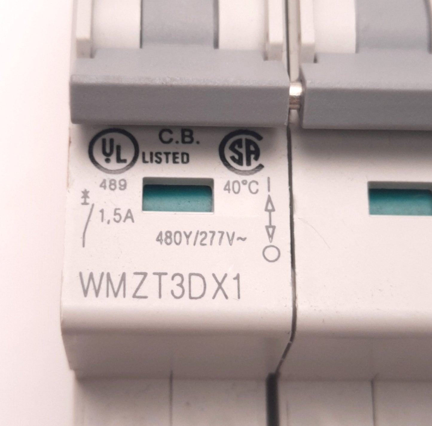 Used Eaton WMZT3DX1 Circuit Breaker 3 Poles 1.5A 277/480v AC, D-Curve, DIN Rail Mount