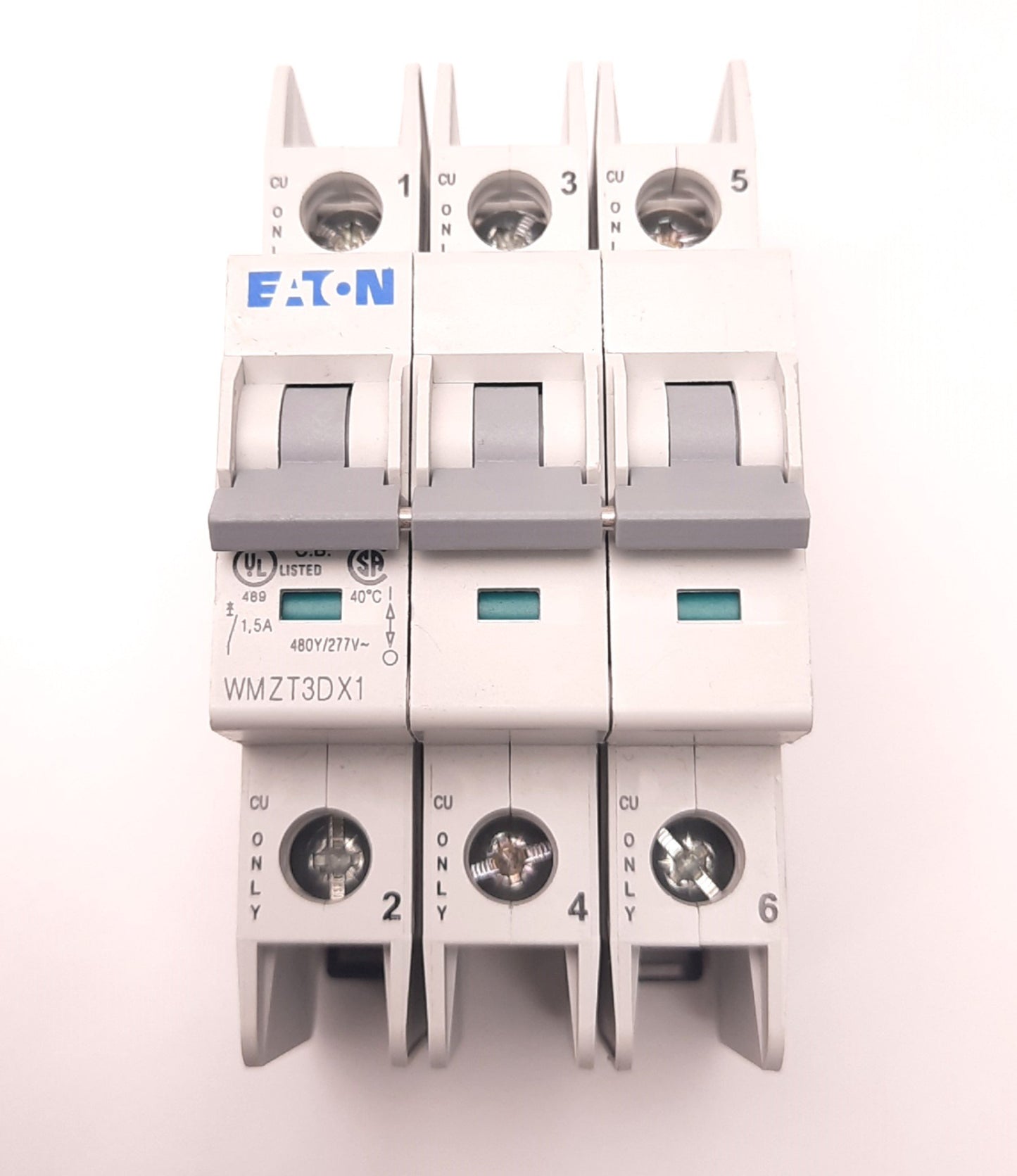 Used Eaton WMZT3DX1 Circuit Breaker 3 Poles 1.5A 277/480v AC, D-Curve, DIN Rail Mount