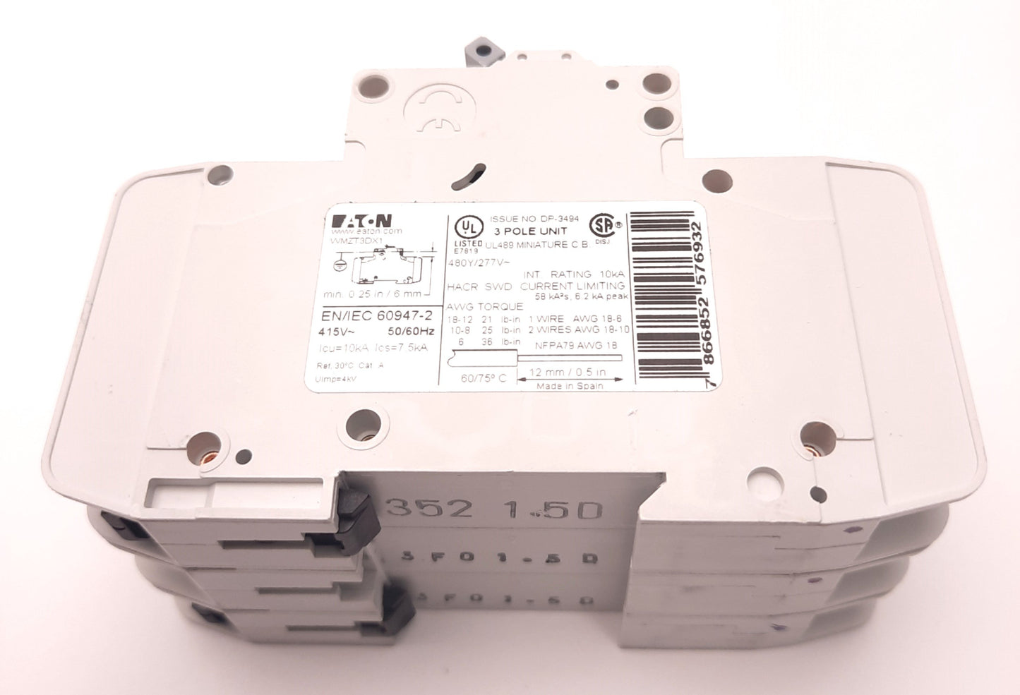 Used Eaton WMZT3DX1 Circuit Breaker 3 Poles 1.5A 277/480v AC, D-Curve, DIN Rail Mount
