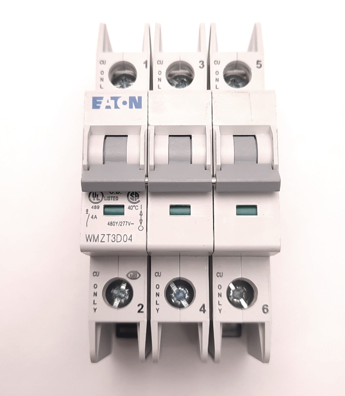 Used Eaton WMZT3D04 Circuit Breaker 3-Poles 277/480v AC 4 A, D-Curve, Din Rail Mount