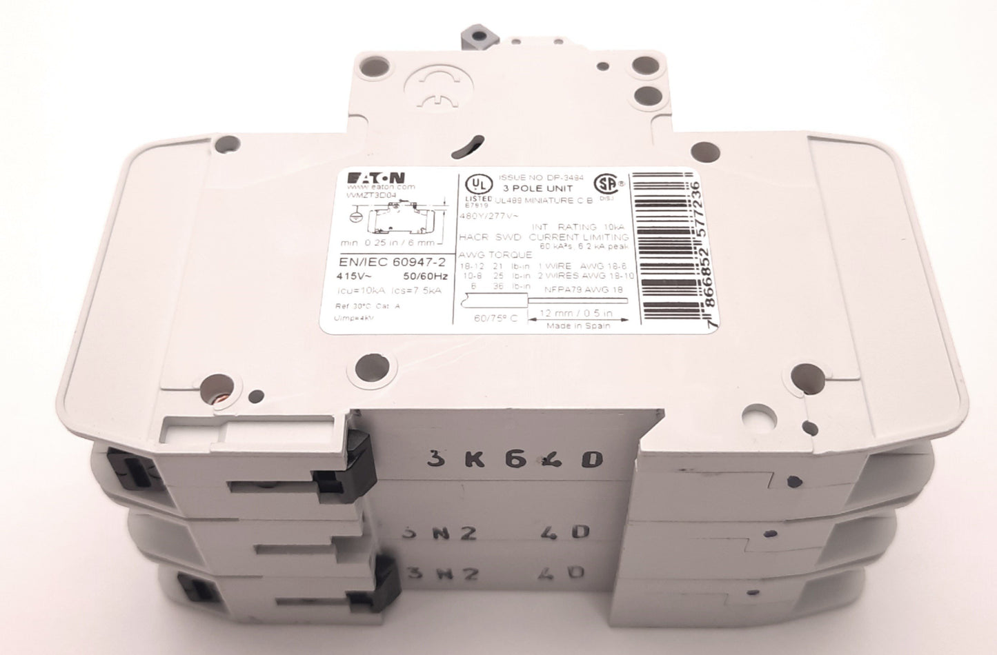 Used Eaton WMZT3D04 Circuit Breaker 3-Poles 277/480v AC 4 A, D-Curve, Din Rail Mount
