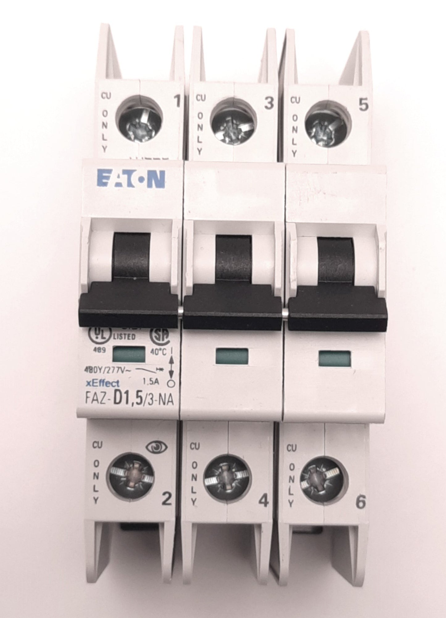 Used Eaton FAZ-D1.5/3-NA Circuit Breaker Three-Pole, 1.5A, 60v DC, 415v AC, DIN Mount