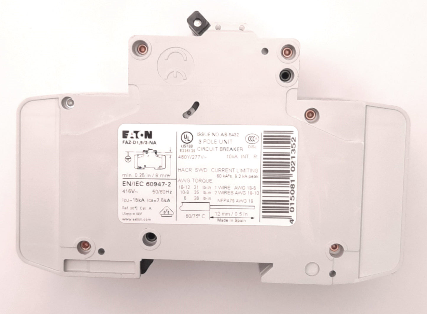 Used Eaton FAZ-D1.5/3-NA Circuit Breaker Three-Pole, 1.5A, 60v DC, 415v AC, DIN Mount