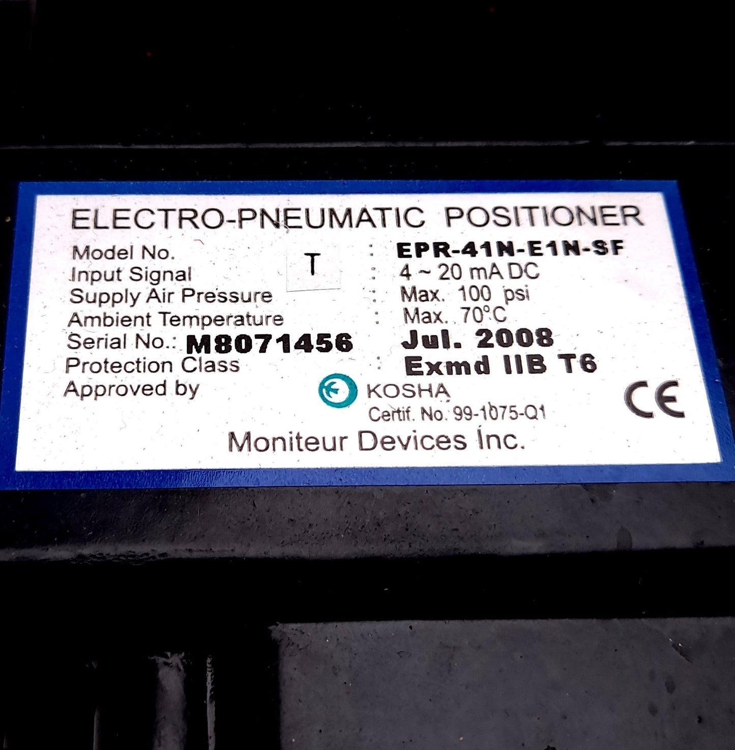 Used Moniteur Devices EPR-41N-E1N-SF Electro pneumatic Positioner W/Type PA11 Valve