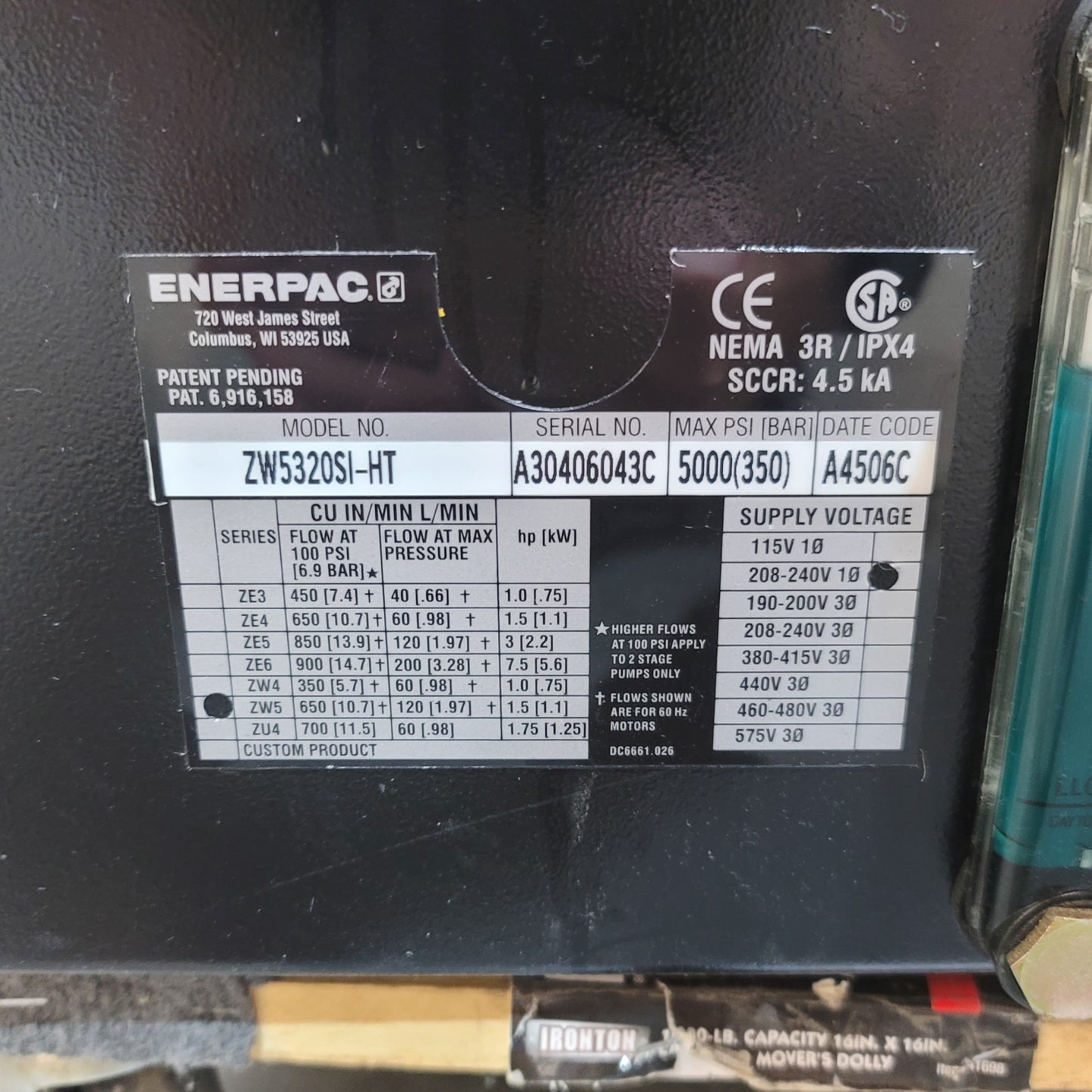Used Enerpac ZW5320SI-HT Hydraulic Workholding Pump 208-240VAC 1Ph 5000psi 120in³/min