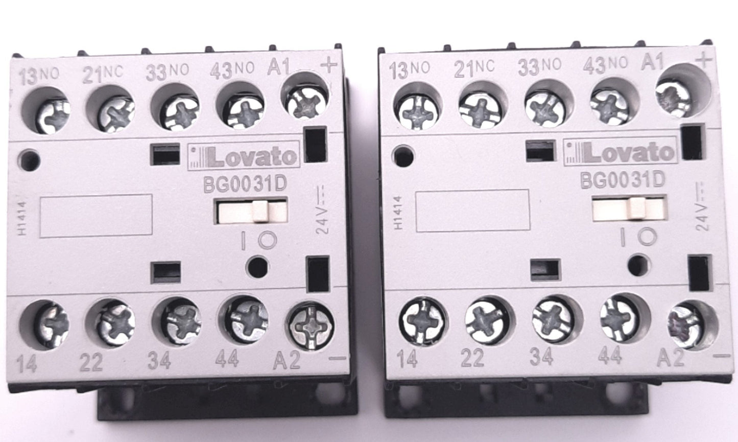 Used Lot of 2 Lovato BG0031D Auxiliary Contactor 4-Pole, 24v DC Coil, 10A, 3NO+1NC