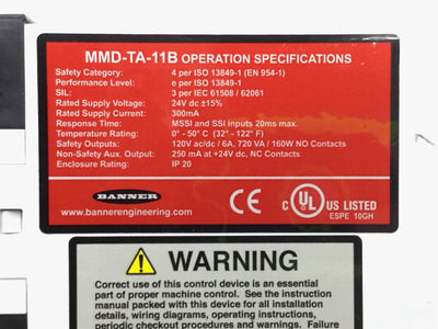 Used Banner MMD-TA-11B Safety Relay Muting Module Controller 24VDC, 2NO 6A, 1NC .25A