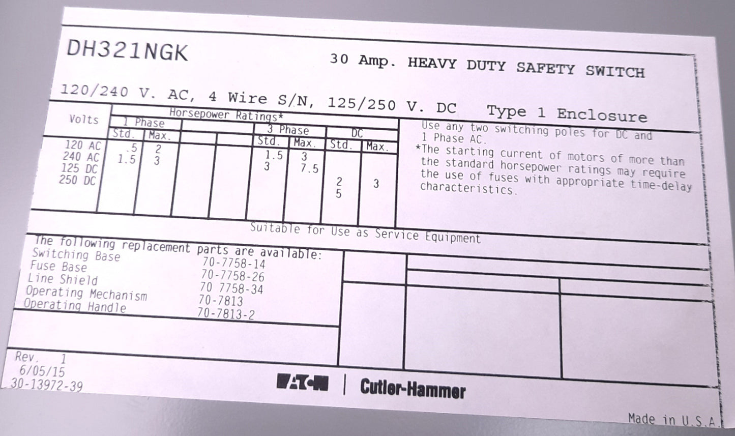 Used Eaton DK321NGK Single Throw Safety Switch 240v 30A, Three-Pole, 16"x8"x5"