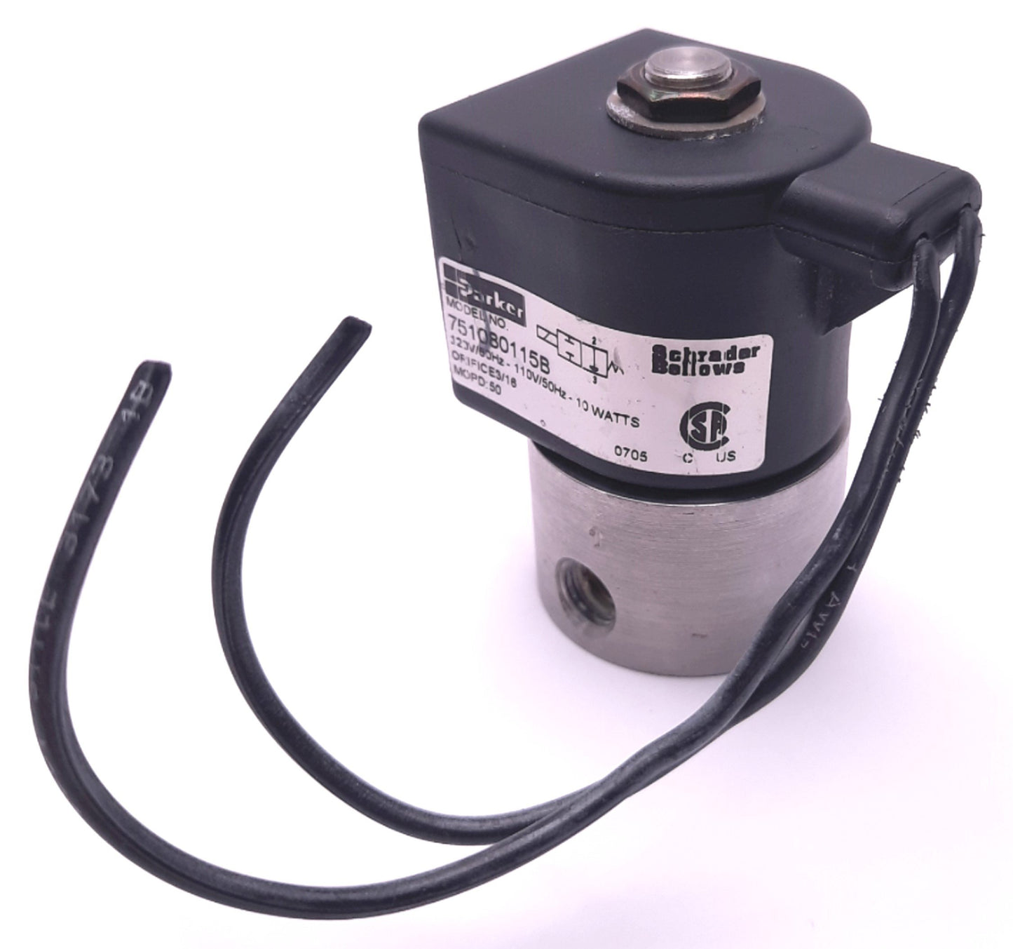 Used Parker 751080115B Cyclone Solenoid Valve 110/120VAC Coil, 2-Way NC, 1/8" NPT
